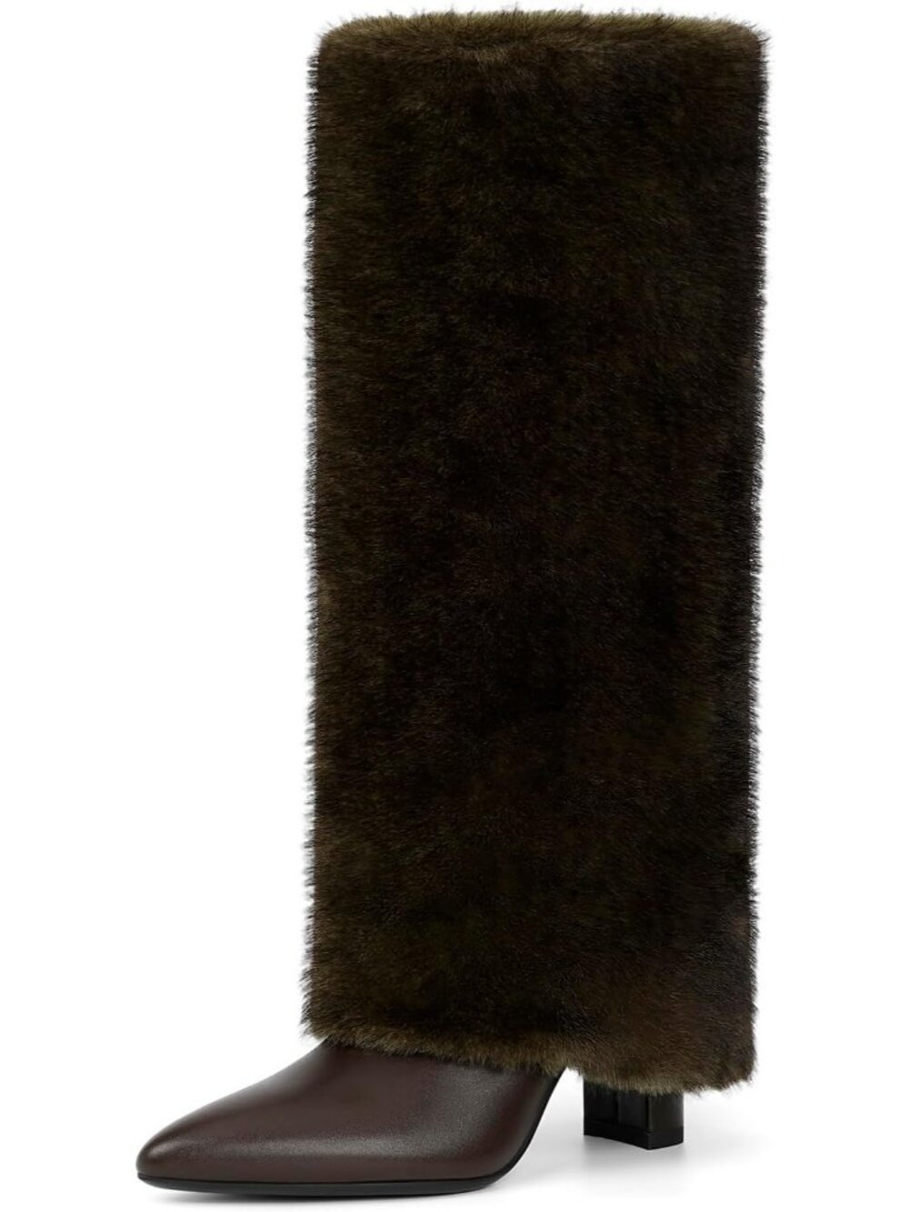 Women's Brown Fur Knee High Fold Over Boots Chunky Heel Pointed Toe Tall Boots